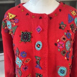 VTG 80s Spiegel/Elements Red Cardigan with Beading, Adornments & Embroidery
